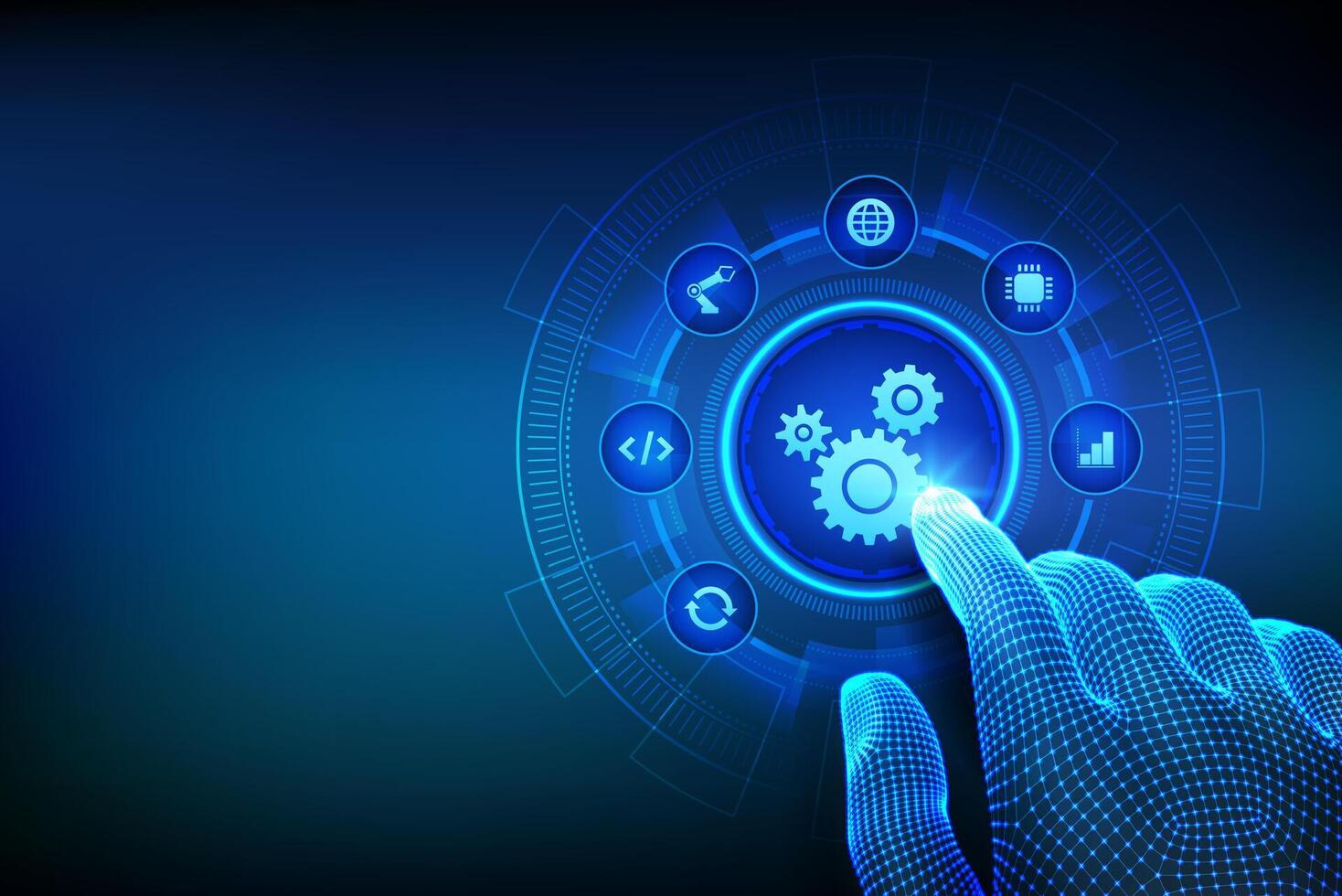 RPA Robotic process automation innovation technology concept. IOT Automation, innovation, improving productivity in business processes. Wireframe hand touching digital interface. vector