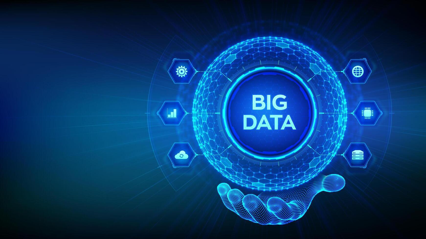 Big data analytics. Big data innovation technology concept. Blockchain network analysis. Artificial intelligence. Hexagonal grid sphere in wireframe hand on blue background. vector
