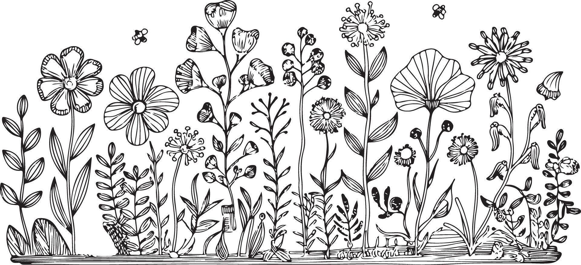 A black and white drawing of flowers and bees vector