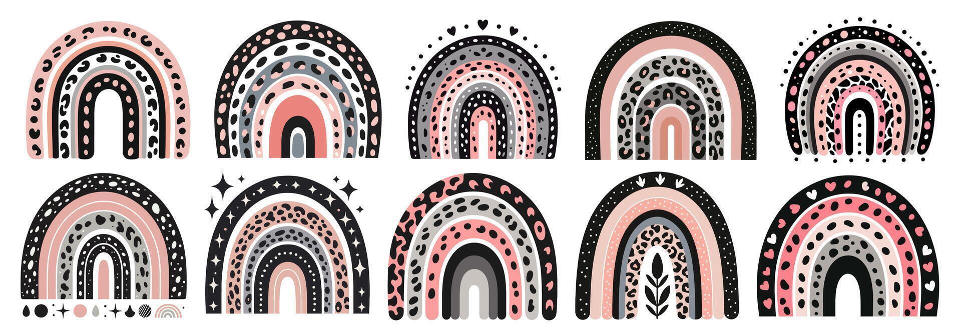 Abstract rainbows with different animal patterns and designs in pink colors on white background vector
