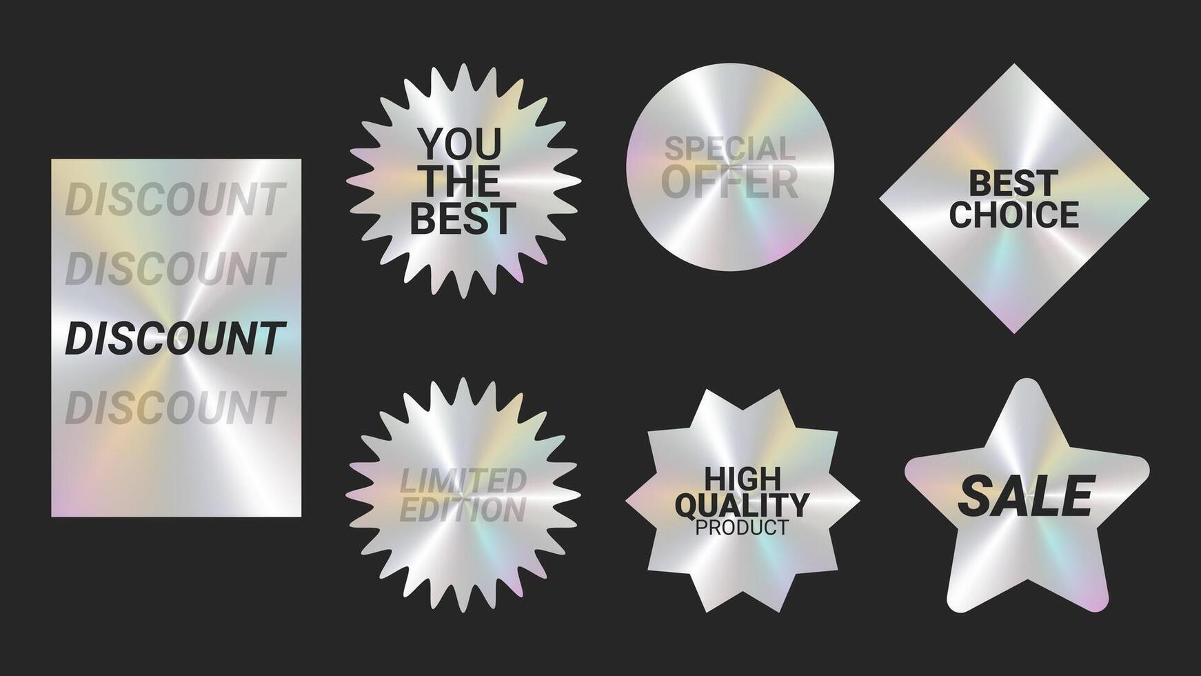Holographic stickers logos emblem labels Iridescent colors set. For packaging product of promotional material. Sticker for clothes or accessories. illustration. vector