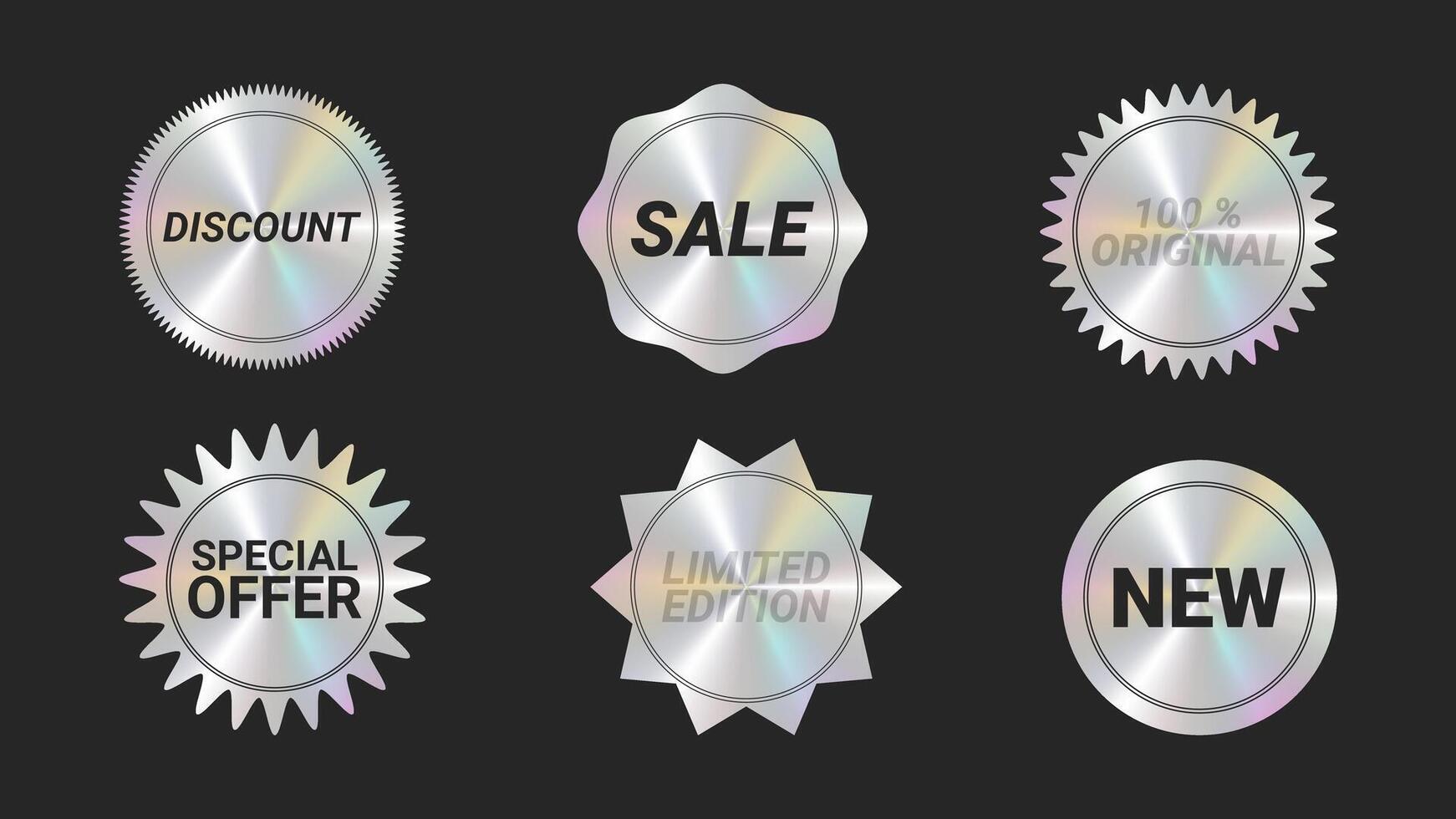 Holographic stickers logos emblem labels color set. For packaging product of promotional material. Sticker for clothes or accessories. illustration. vector