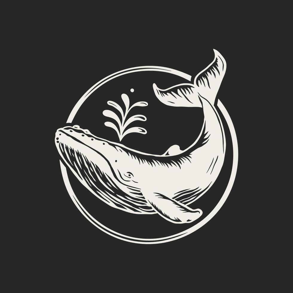 A vintage-style black and white illustration of a leaping humpback whale in a circular frame vector