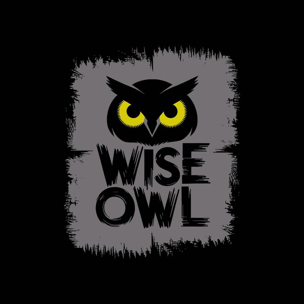 A black owl with yellow eyes, framed in a rough rectangle. The text WISE OWL is below in bold, textured style vector