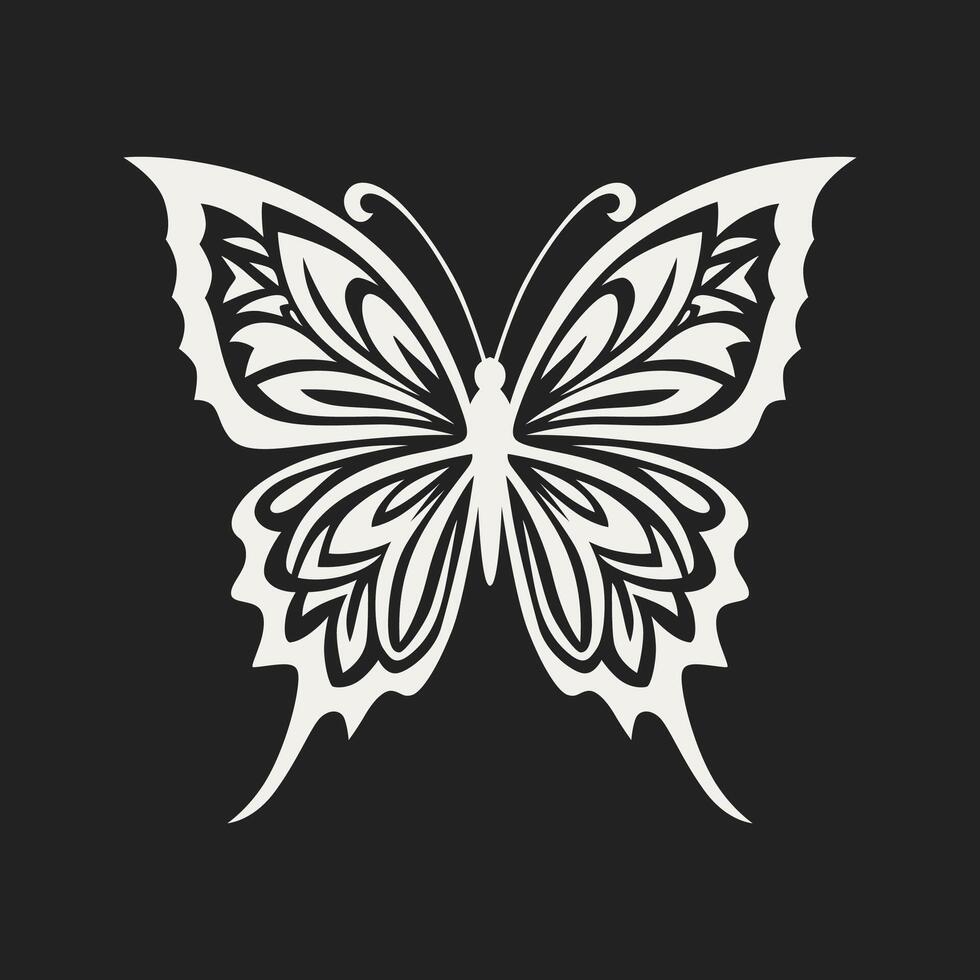 A stylized, black and white butterfly with intricate, geometric patterns on its wings vector