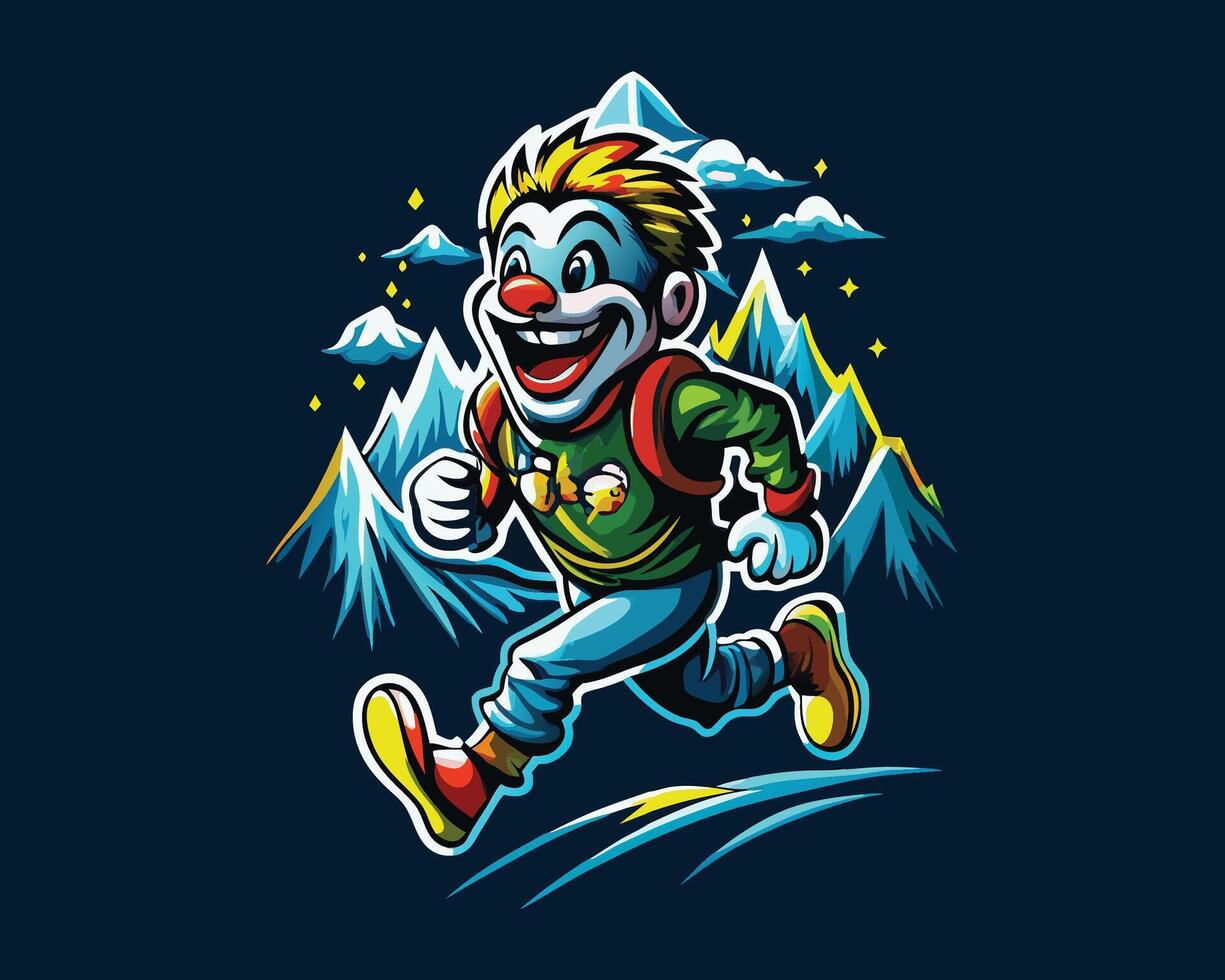 A clown running cartoon in the mountains vector