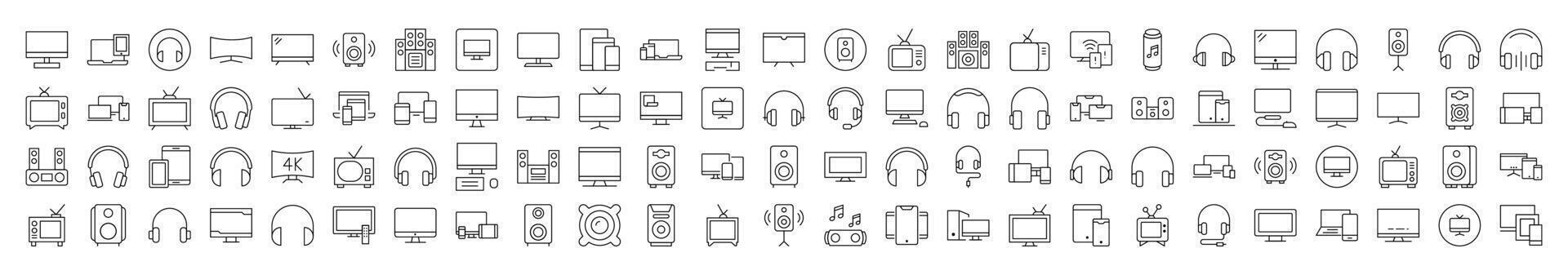 Collection of Line Icons of Tv Set, Speaker, Headset, Computer. Editable Stroke. Minimalistic Linear Pictogram for Design of Cards, Apps, Banners, Posts vector