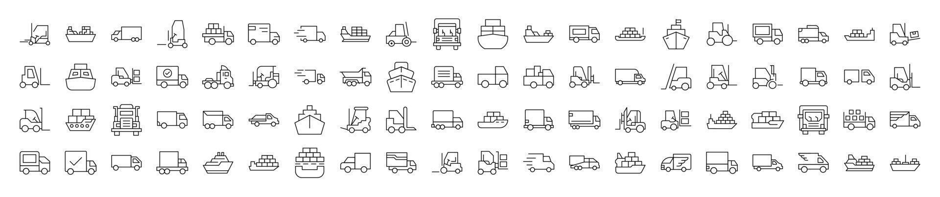 Ship, Van, Tractor Line Icon Collection. Editable Stroke. Minimalistic Linear Pictogram for Design of Cards, Apps, Banners, Posts vector