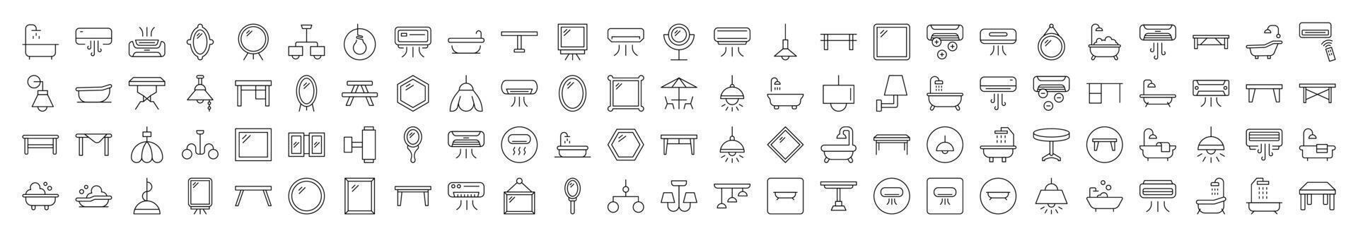 Interior Outline Simple Icons Bundle. Contains Icons of Conditioner, Mirror, Table, Lamp, Chandelier, Bathroom that Can Be Used for Design of Cards, Posts, Apps, Web Sites vector