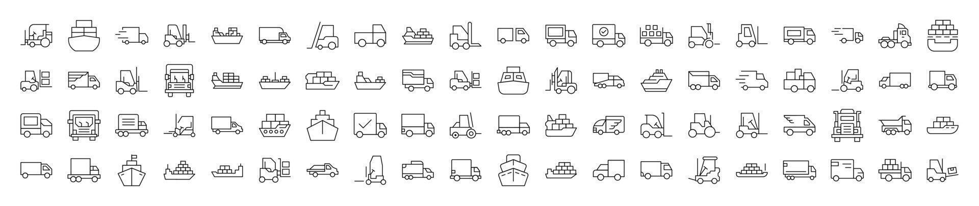 Ship, Van, Tractor Line Icon Pack. Editable Stroke. Minimalistic Linear Pictogram for Design of Cards, Apps, Banners, Posts vector
