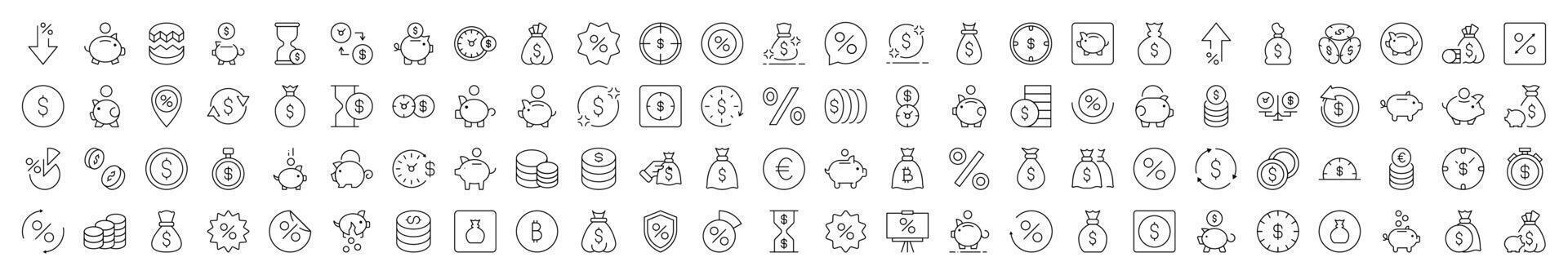 Bundle of Line Icons of Piggy Bank, Dollar, Coin, Percent. Editable Stroke. Minimalistic Linear Pictogram for Design of Cards, Apps, Banners, Posts vector