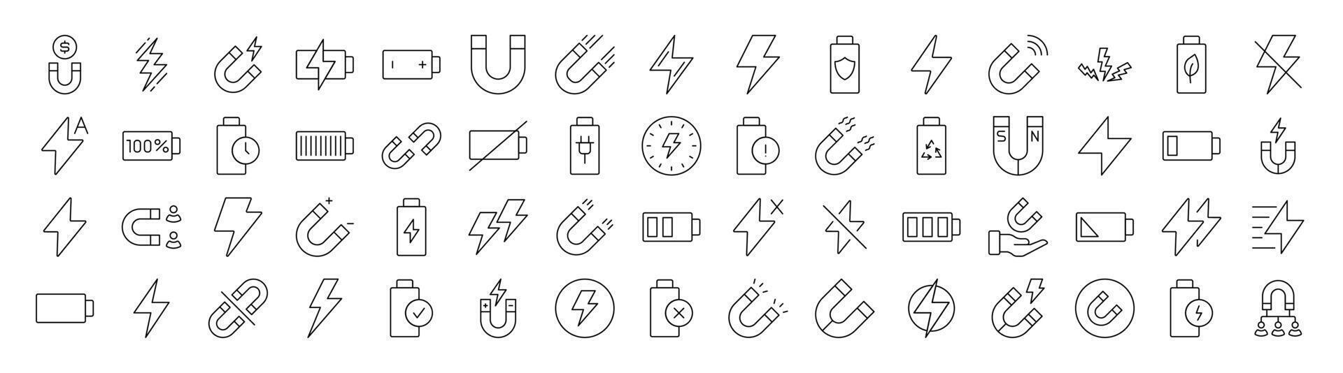 Collection of Line Icons of Energy, Battery, Charger. Editable Stroke. Minimalistic Linear Pictogram for Design of Cards, Apps, Banners, Posts vector