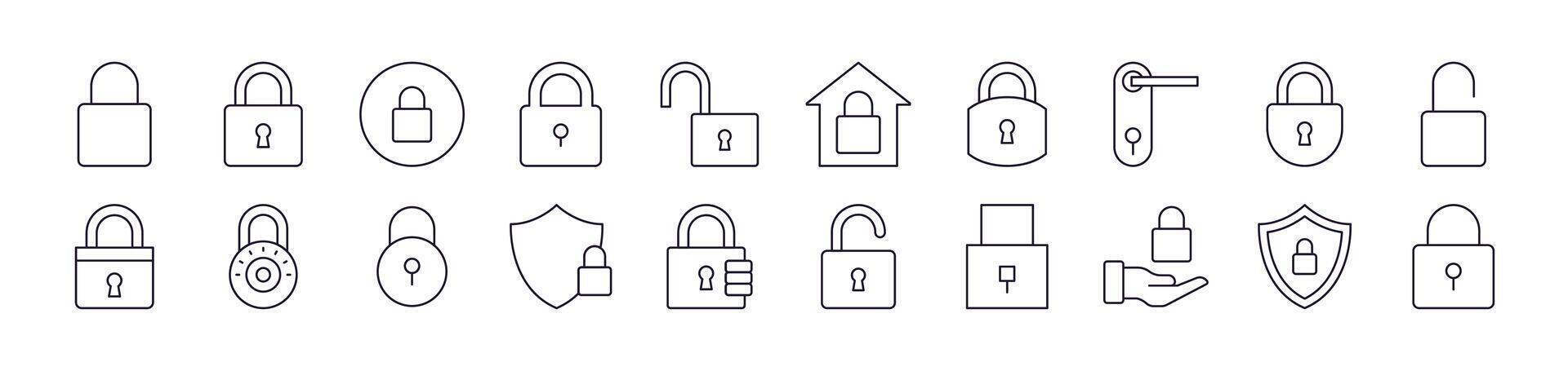 Set of Line Icons of Lock. Editable Stroke. Minimalistic Linear Pictogram for Design of Cards, Apps, Banners, Posts vector