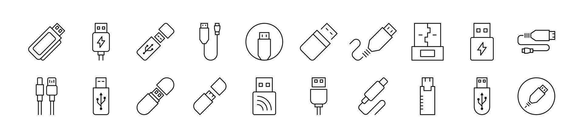 USB Cable Line Icon Pack. Editable Stroke. Minimalistic Linear Pictogram for Design of Cards, Apps, Banners, Posts vector