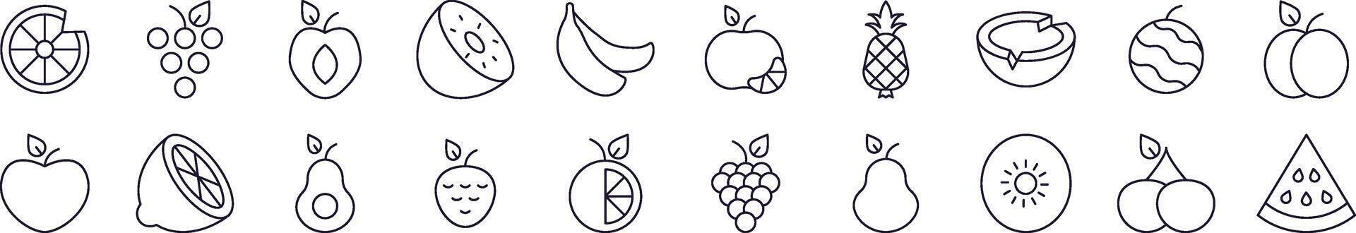 Bundle of Line Icons of Watermelon, Coconut, Grape and Other Fruits. Editable Stroke. Minimalistic Linear Pictogram for Design of Cards, Apps, Banners, Posts vector