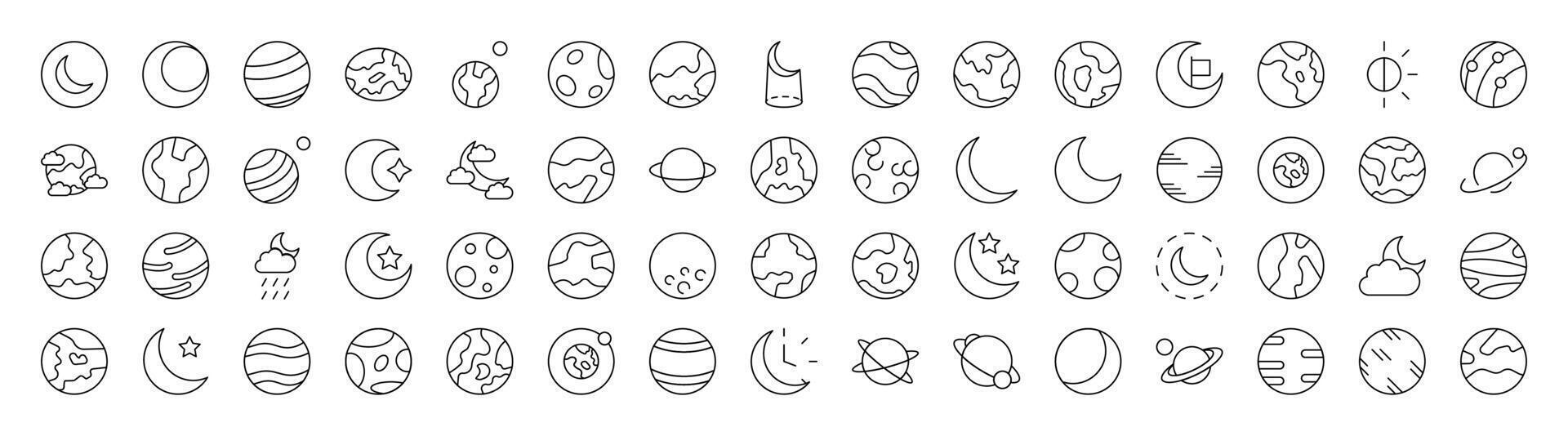 Space Line Icon Set. Modern Collection for Design, Web Sites, Apps, Cards. Contains Linear Images of Various Planets vector