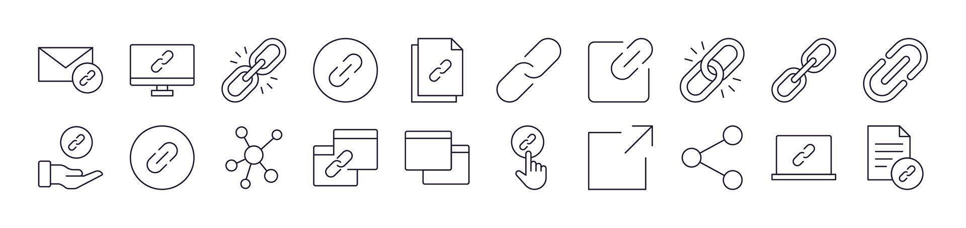 Bundle of Line Icons of Link and Share. Editable Stroke. Minimalistic Linear Pictogram for Design of Cards, Apps, Banners, Posts vector