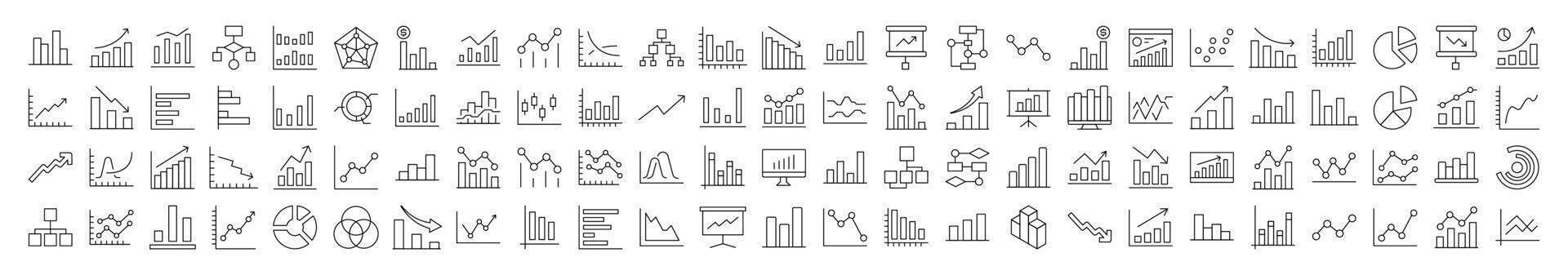 Bundle of Line Icons of Progress Bar, Diagram, Statistics. Editable Stroke. Minimalistic Linear Pictogram for Design of Cards, Apps, Banners, Posts vector
