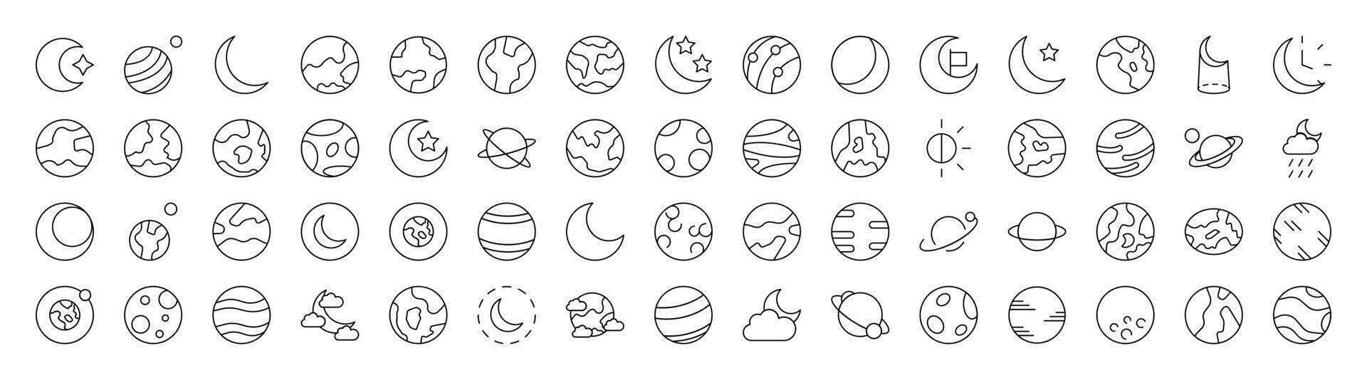 Collection of Space Related Line Icons. Editable Stroke for Design, Web Sites, Apps, Cards. Contains Linear Images of Various Planets vector