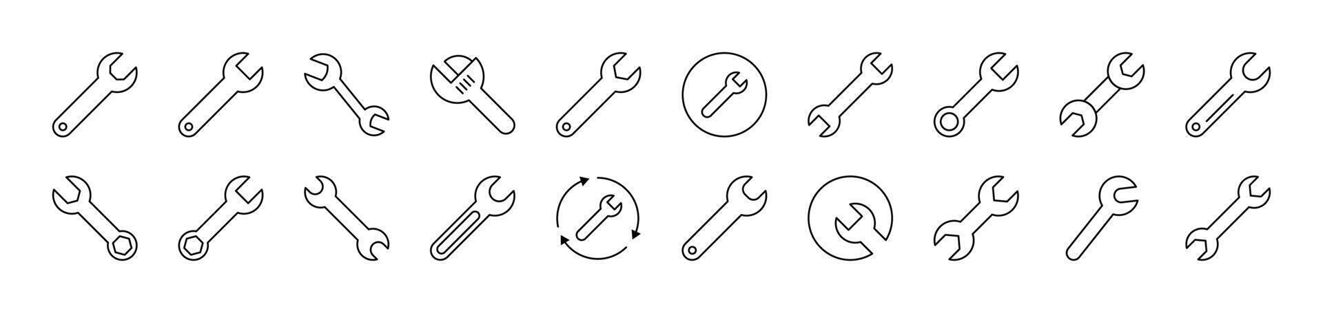 Wrench Outline Web Line Icons Collection. Editable Stroke. Minimalistic Linear Pictogram for Design of Cards, Apps, Banners, Posts vector