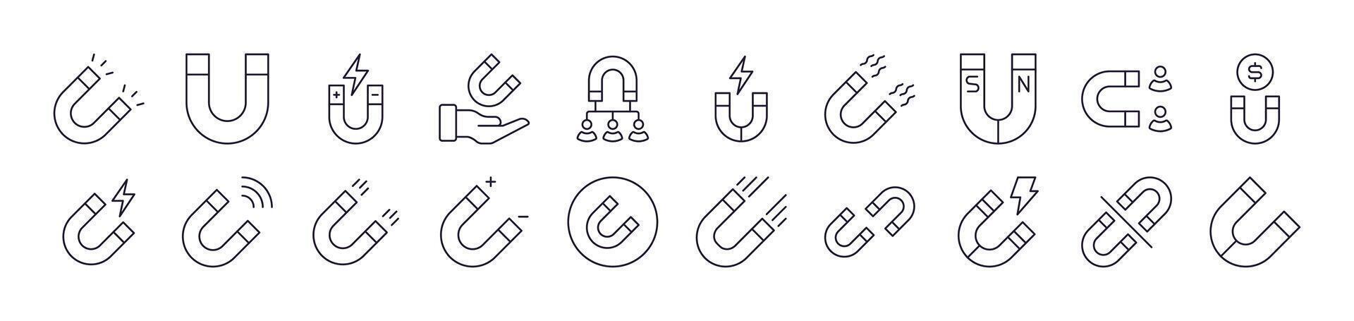 Set of Line Icons of Magnet. Editable Stroke. Minimalistic Linear Pictogram for Design of Cards, Apps, Banners, Posts vector