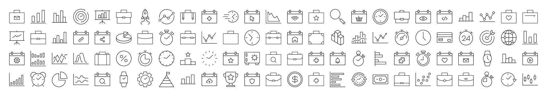 Business Line Icon Collection. Modern Collection for Design, Web Sites, Apps, Cards. Contains Linear Images of Briefcase, Clock, Startup, Analyzing, Management vector