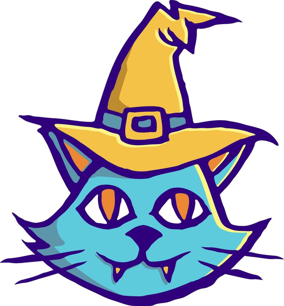 Cat with witch hat. Hand drawn illustration. vector