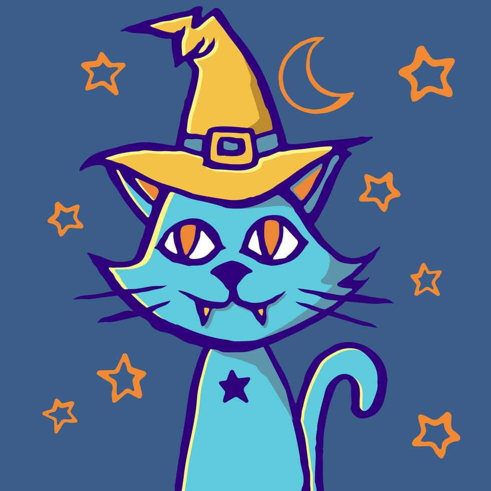 Cat with witch art. Hand drawn illustration, halloween witchcraft, print design illustration. vector