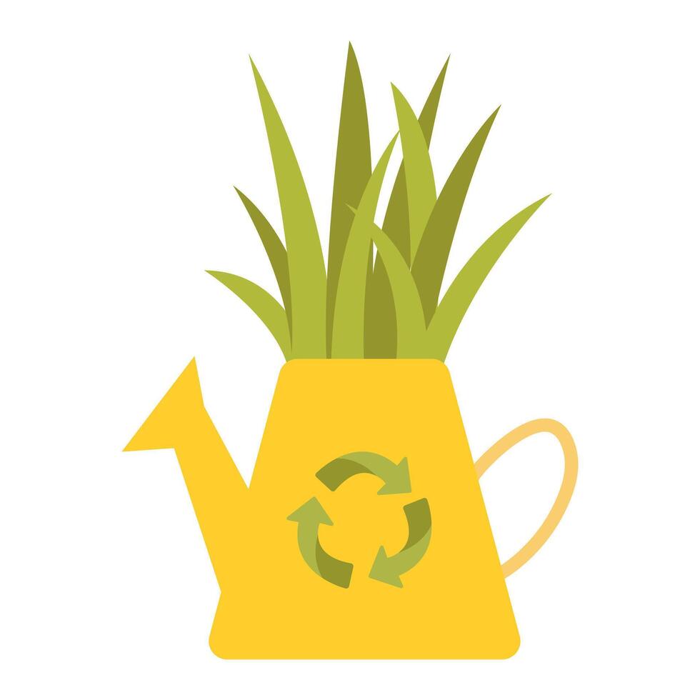 Watering can with green grass inside. Take care of nature. illustration. vector