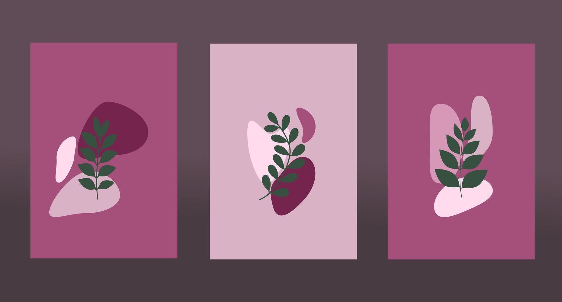 three abstract posters with branches over pink and purple shapes. The design is minimalist and modern. vector