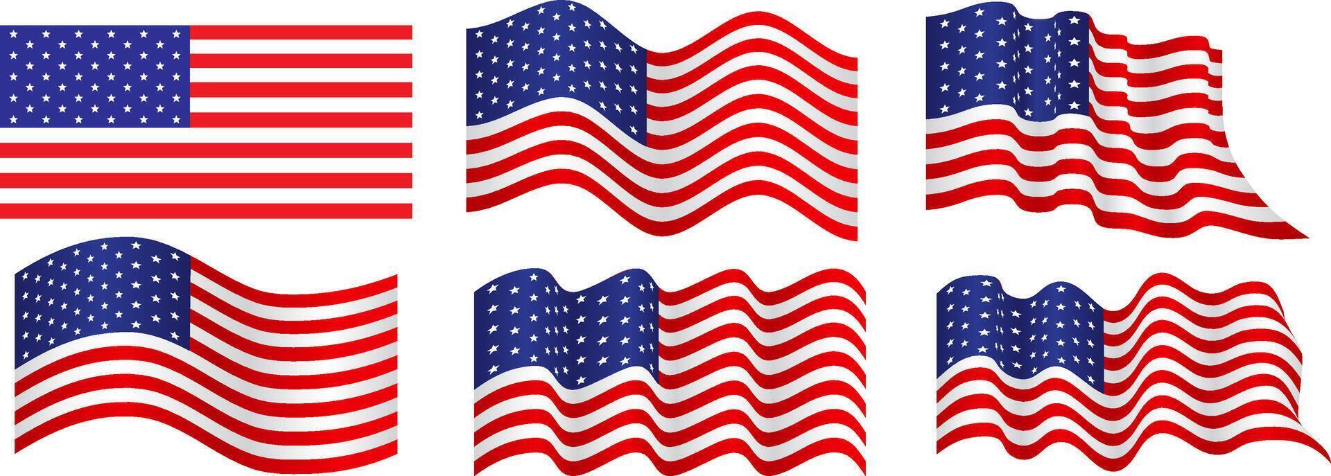 united state flag with different wave styles set template in red, blue and white vector