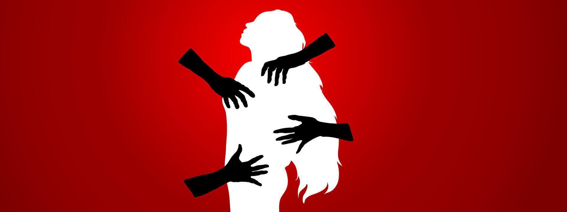 stop woman sexual harassment template banner with white woman with black hands around her in red background vector