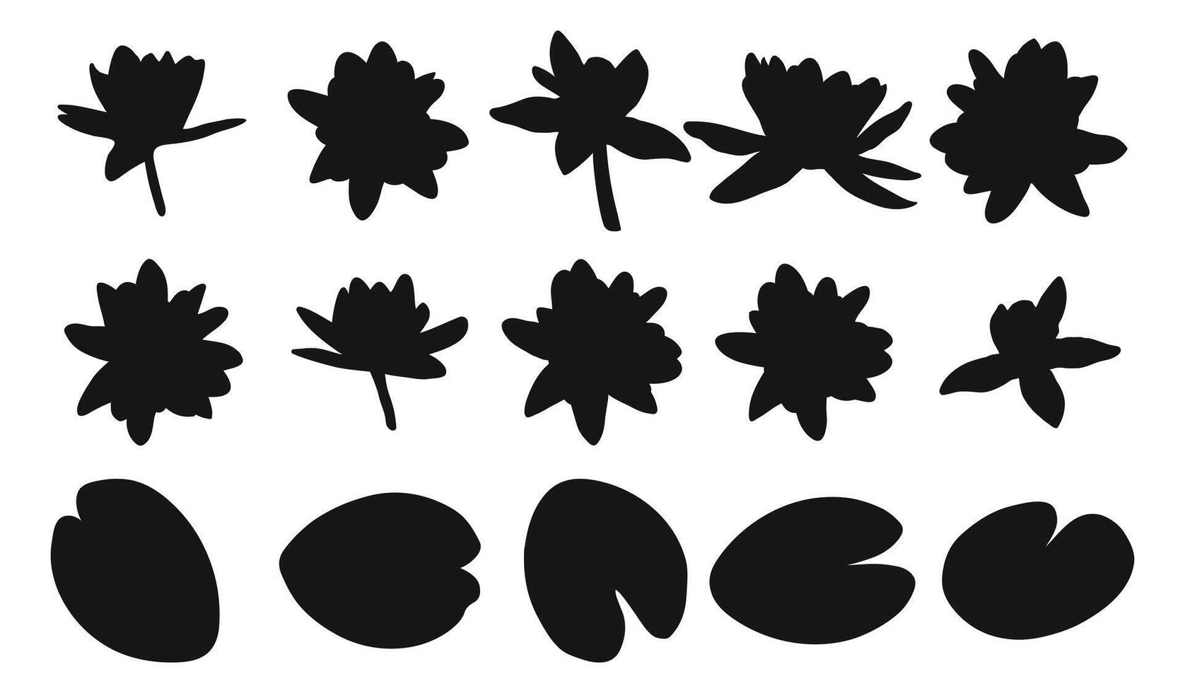 Set of water lily, water lilies, silhouette of plant buds and foliage vector