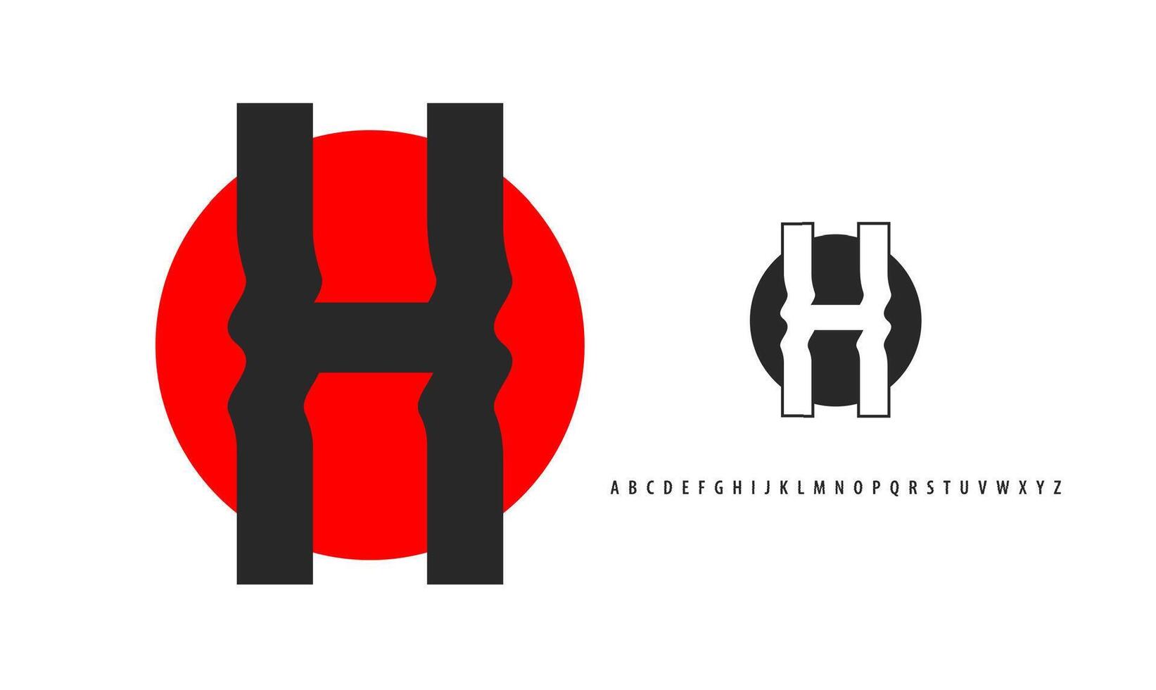 Letter H silhouette on red sun, twisting alphabet. Japanese logo for sushi roll restaurant logo, asian cultural event logotype. logo and typeset vector