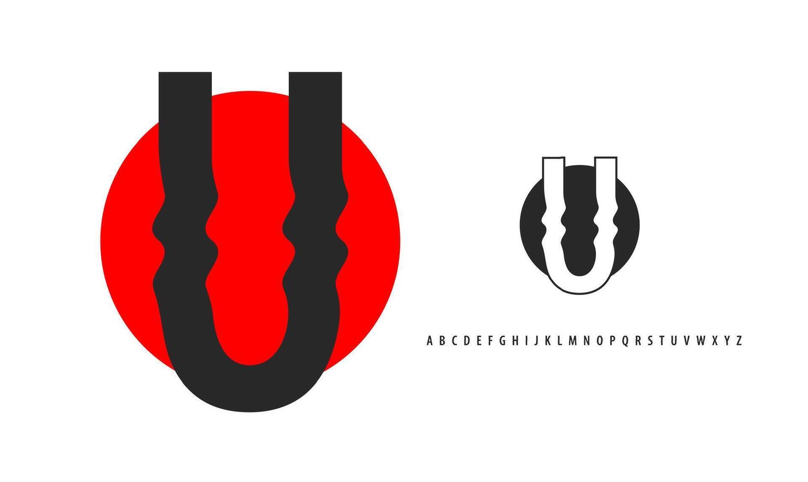 Letter U silhouette on red sun, twisting alphabet. Japanese logo for sushi roll restaurant logo, asian cultural event logotype. logo and typeset vector