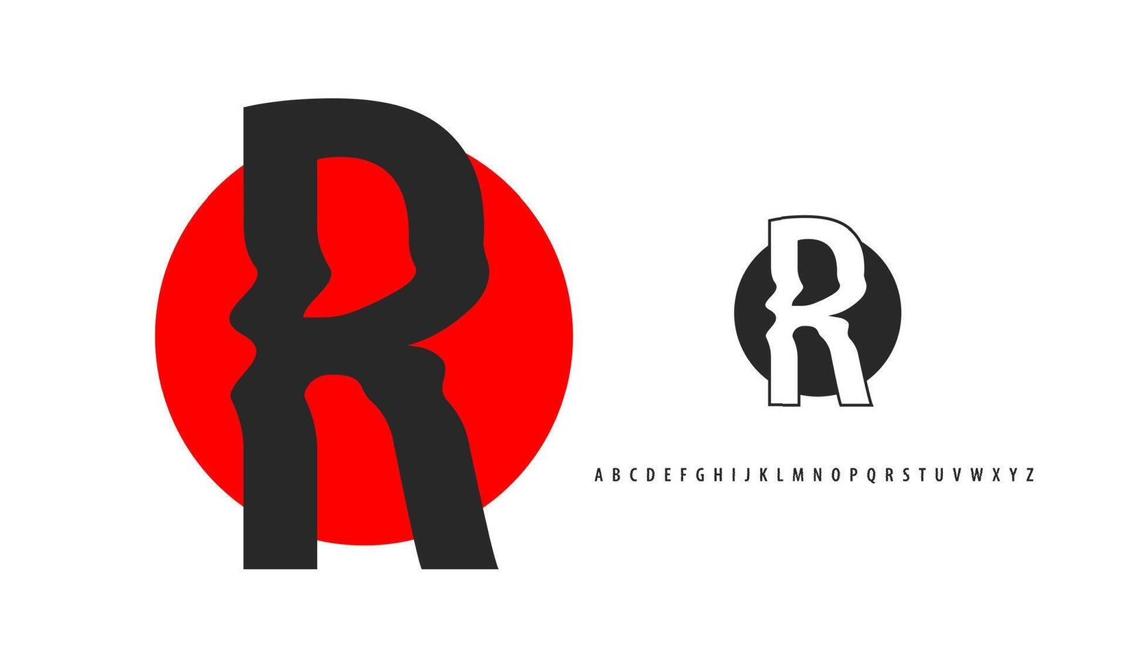 Letter R silhouette on red sun, twisting alphabet. Japanese logo for sushi roll restaurant logo, asian cultural event logotype. logo and typeset vector