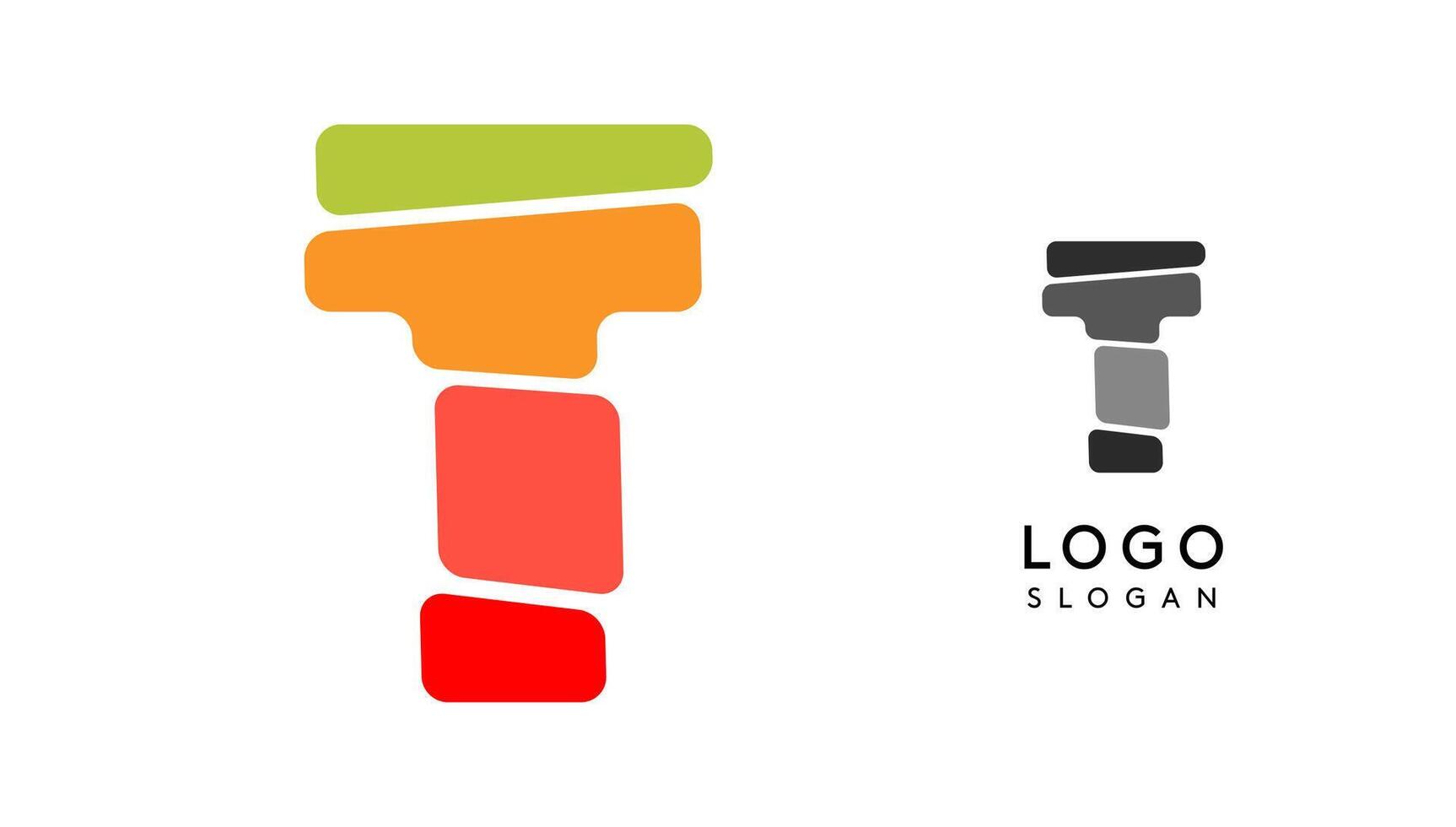Bright colorful letter T, layers blocks like sandwich, stone balancing or rock stacking. Modern cartoon monogram for kid joyful book, blocky toys logo. illustration vector