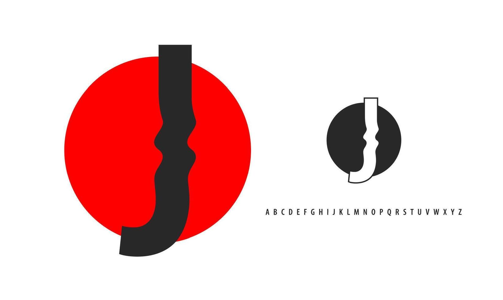 Letter J silhouette on red sun, twisting alphabet. Japanese logo for sushi roll restaurant logo, asian cultural event logotype. logo and typeset vector