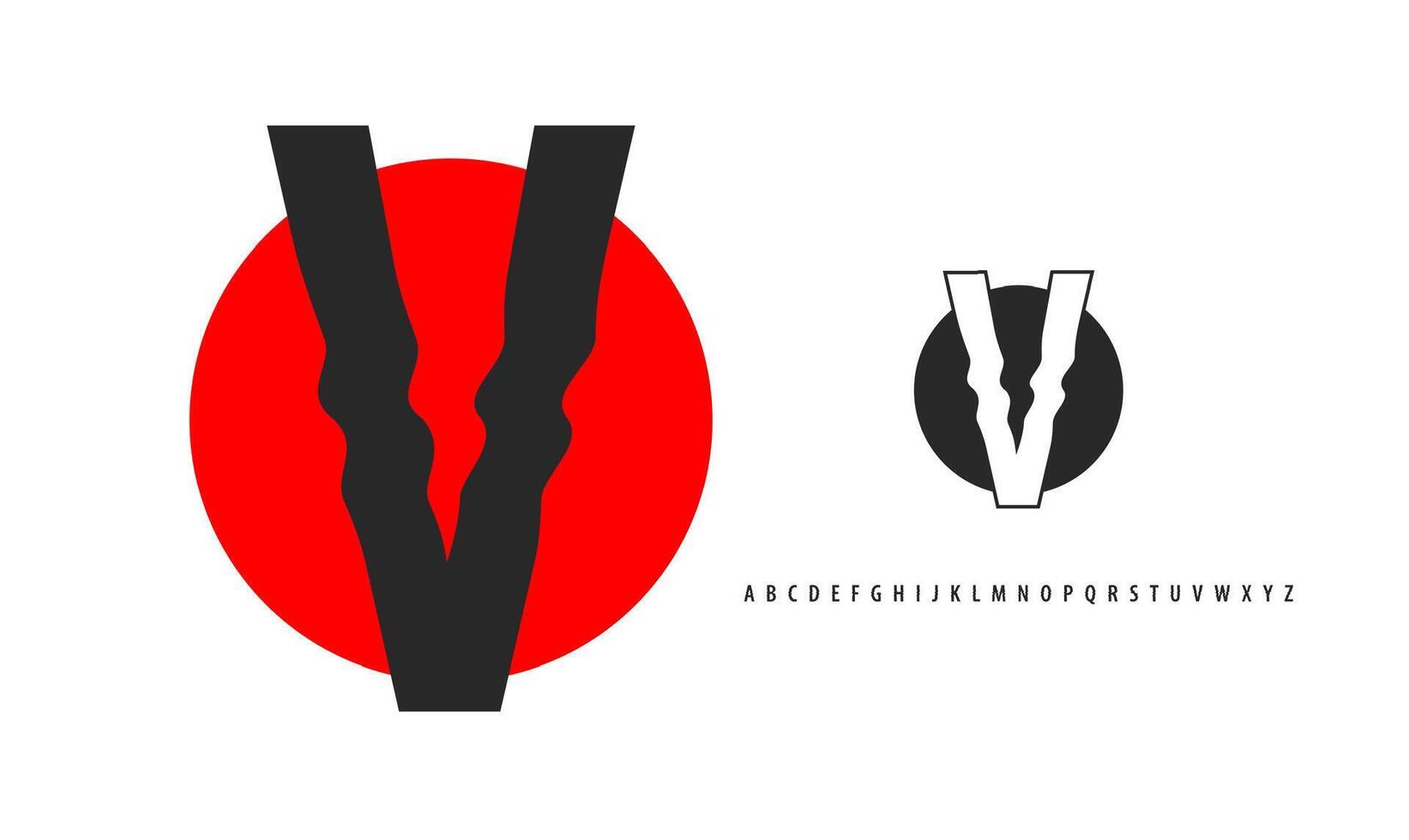 Letter V silhouette on red sun, twisting alphabet. Japanese logo for sushi roll restaurant logo, asian cultural event logotype. logo and typeset vector