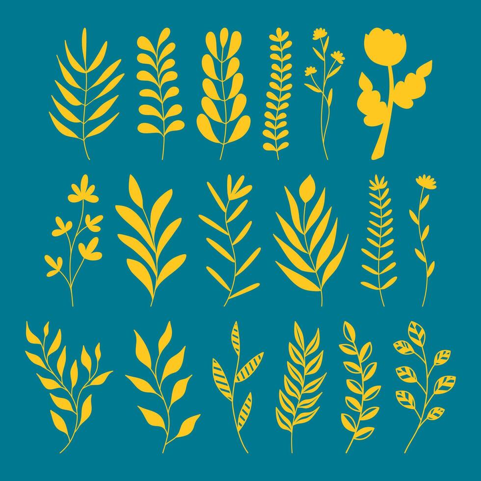 A collection of yellow, stylized plant and leaf shapes on a teal background. vector