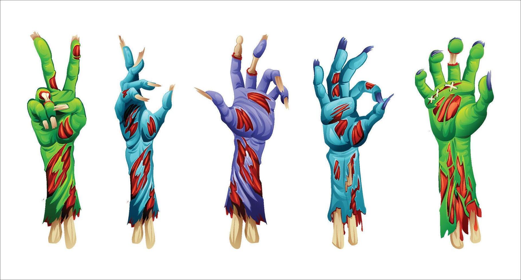 Set of zombie hands making various creepy gestures with ripped skin and torn flesh. Cartoon illustration vector