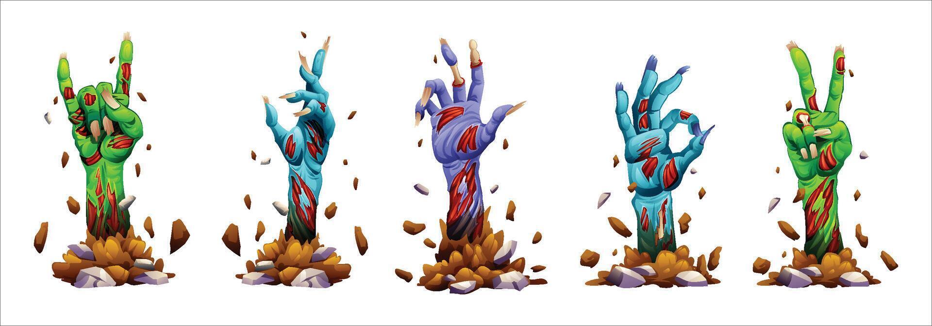 Creepy zombie hands in different poses, rising from the ground with dirt flying. Cartoon illustration vector