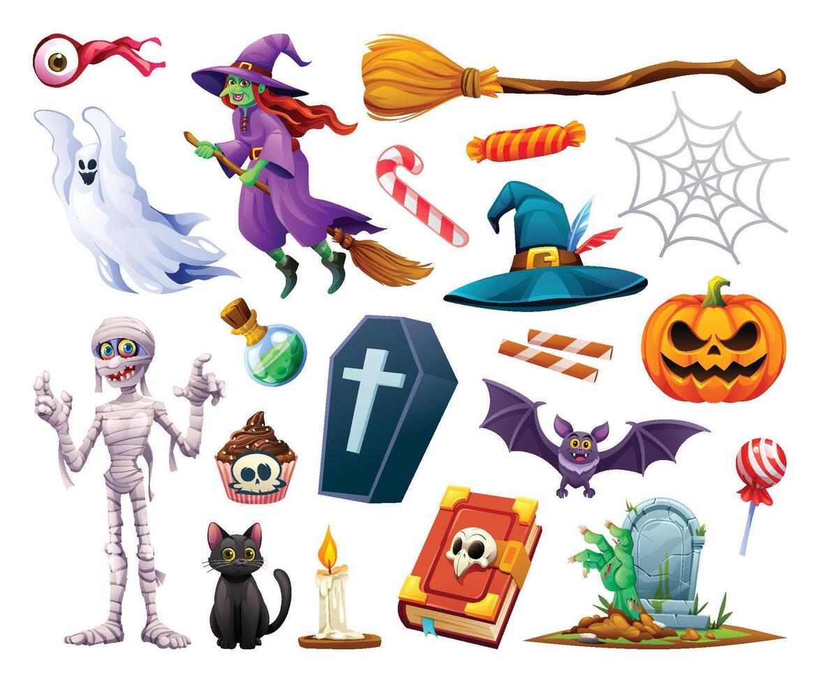 Halloween elements with spooky characters like witch, ghost, and pumpkin in cartoon style. Cartoon illustration. vector