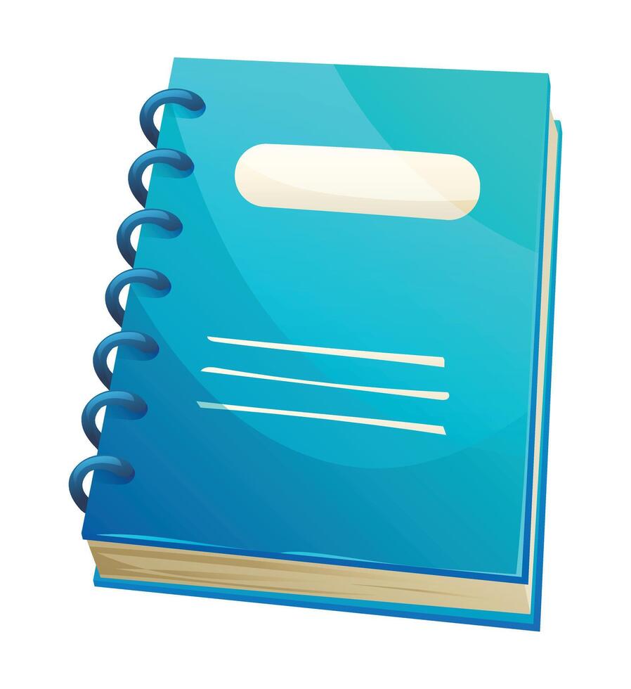 Blue spiral notebook with blank label and cover, commonly used for school. Cartoon illustration vector