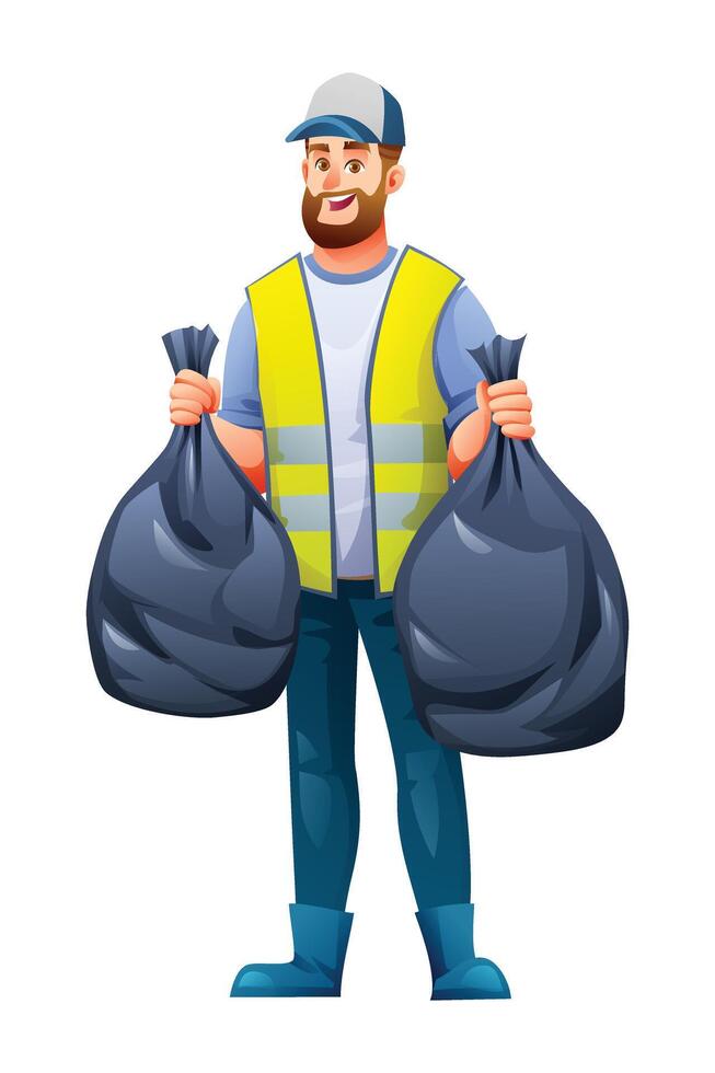 Worker with hat and safety vest holding garbage bags near a recycling bin. Cartoon illustration vector