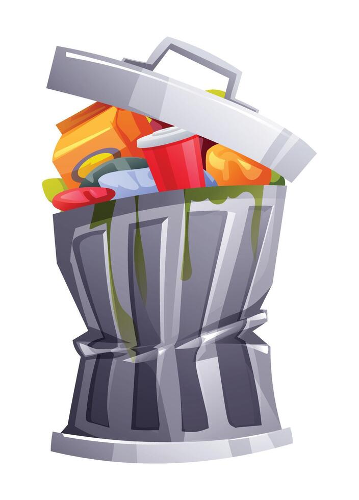 Overflowing trash bin with dents and waste spilling out, showing bottles, food, and cups. Cartoon illustration vector