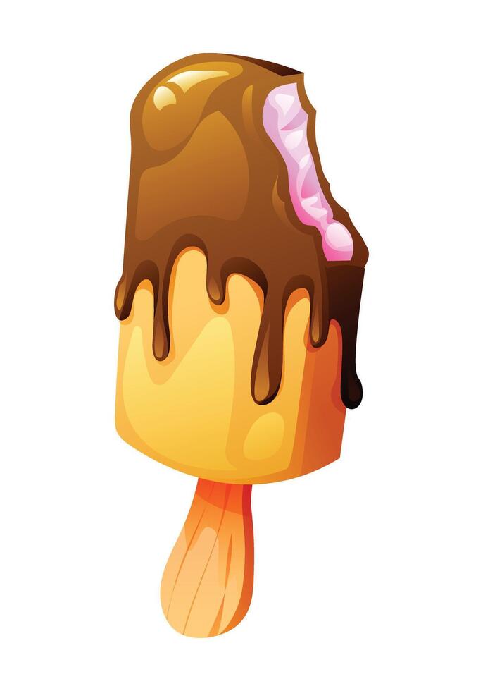Bitten chocolate covered ice cream stick with rich dripping topping. Cartoon illustration vector