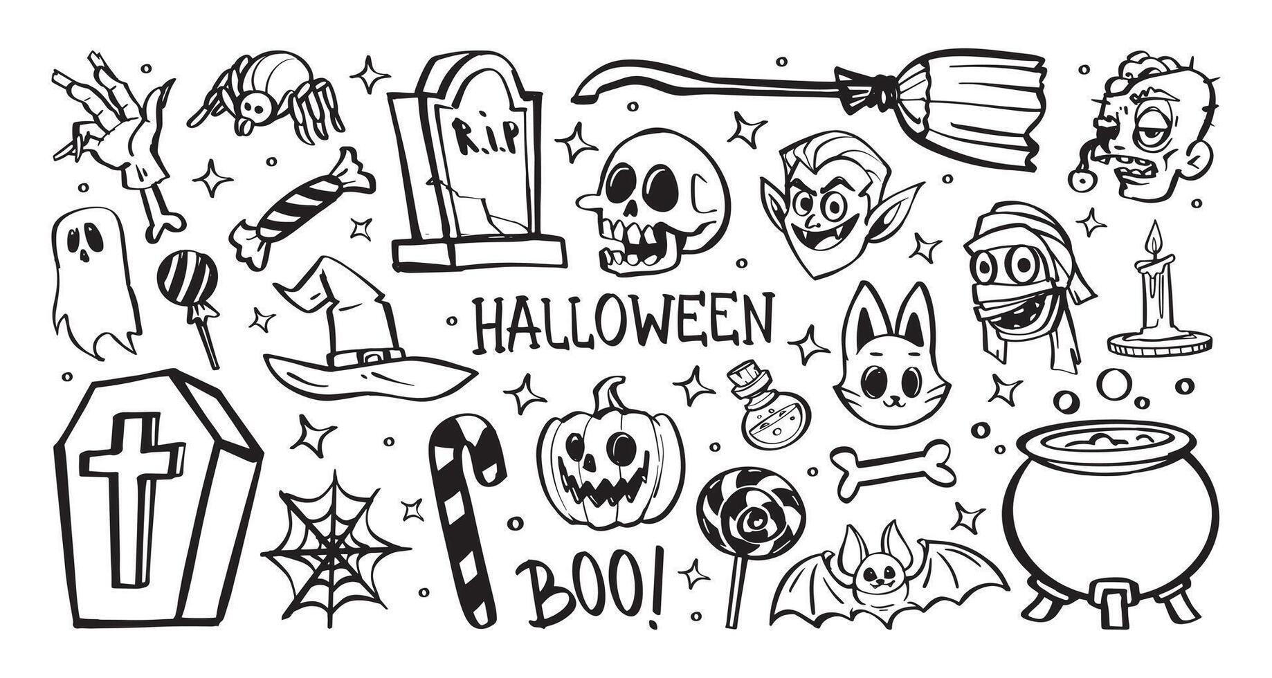 Halloween doodles with iconic objects like skull, pumpkin, witch, and lollipops. Cartoon illustration vector