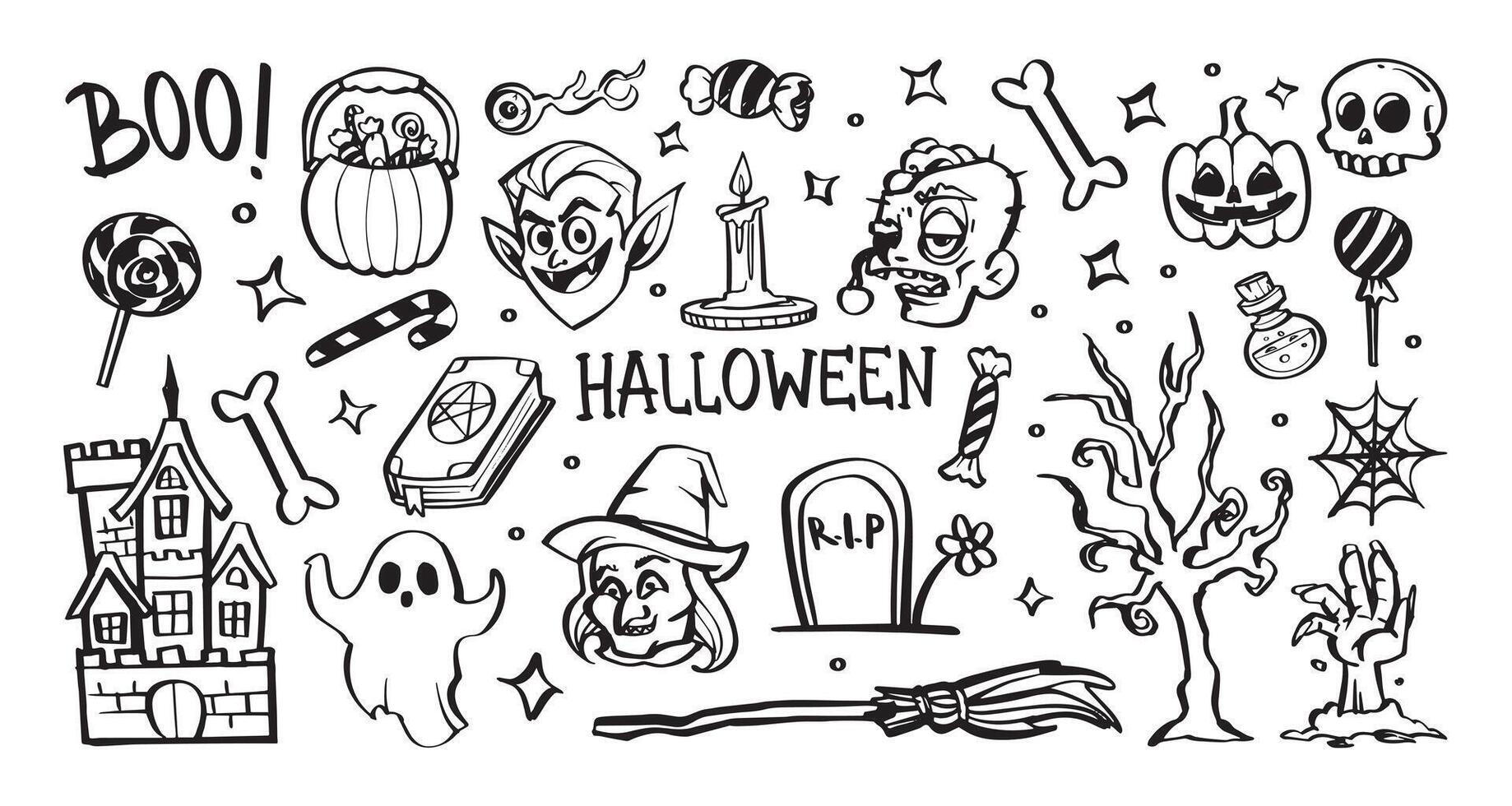 Spooky Halloween doodles with vampire, pumpkin, and ghost in playful style. Cartoon illustration vector