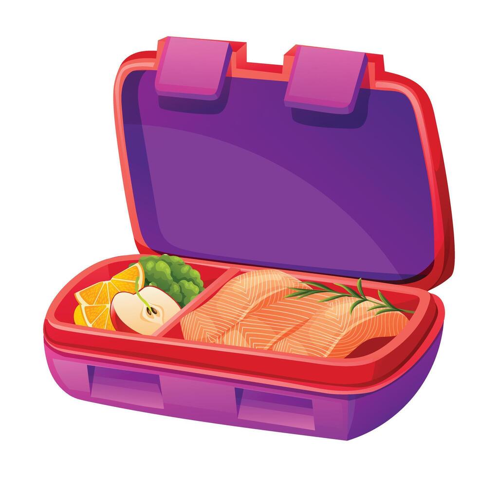 Lunch box with salmon, fruits, and vegetables in compartments. Cartoon illustration vector
